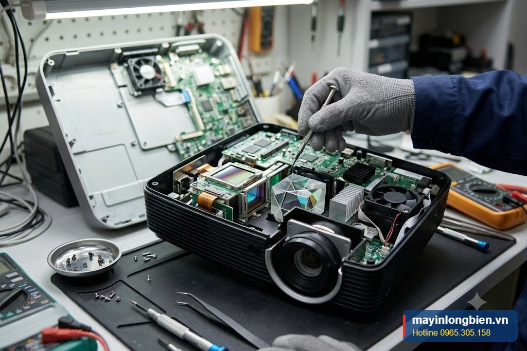 Khối quang học và tấm LCD bên trong máy chiếu được tháo ra kiểm tra