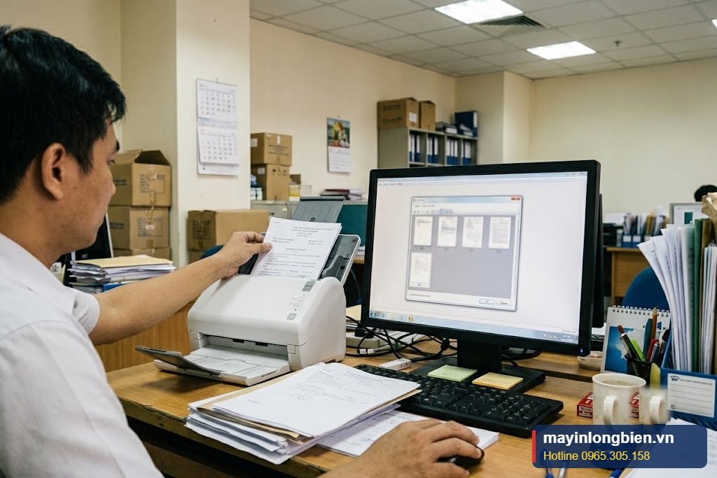 Nhân viên scan tài liệu thành công sau khi khắc phục kết nối