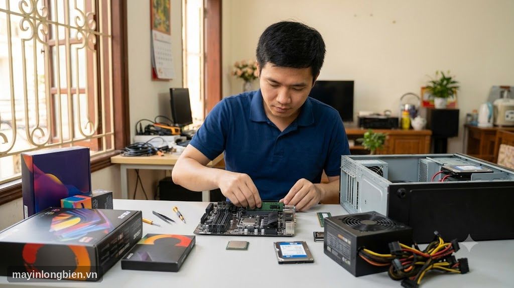 Kỹ thuật viên lắp ráp linh kiện máy tính mới