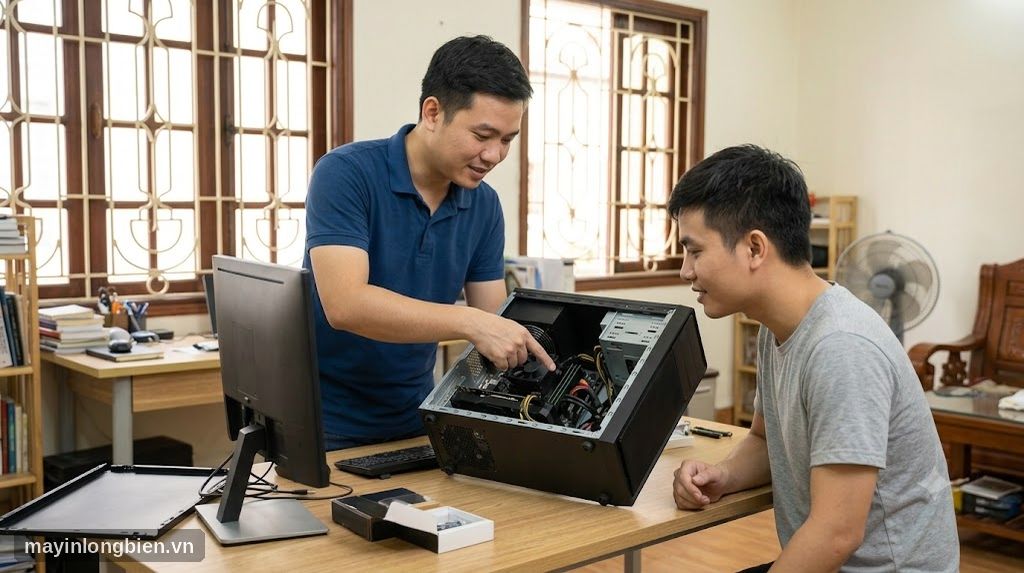 Bàn giao bộ máy tính mới lắp với dây cáp gọn gàng cho khách