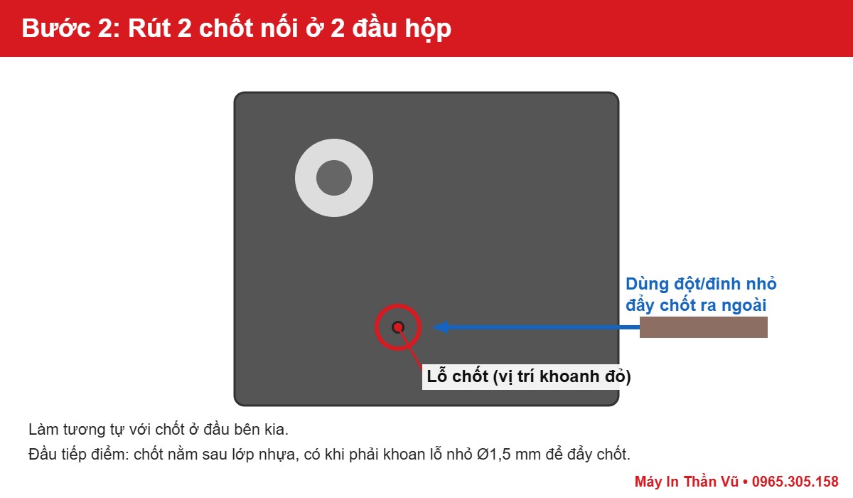 Vị trí lỗ chốt ở mặt bên hộp mực, dùng đột đẩy chốt ra