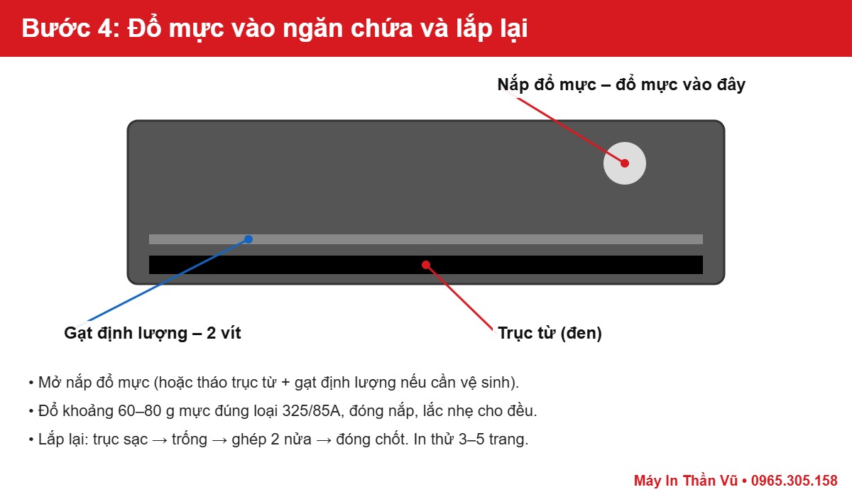 Đổ mực qua nắp đổ mực ở đầu ngăn chứa, sau đó lắp lại theo thứ tự ngược