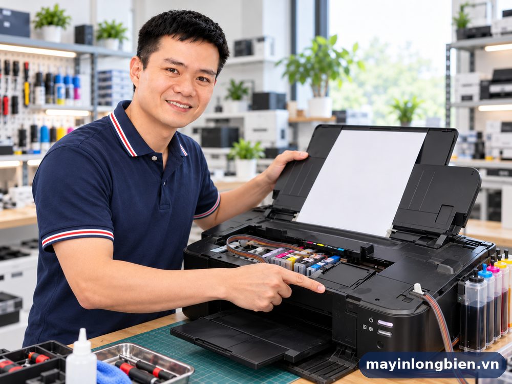 Kỹ thuật viên Thần Vũ chỉ vị trí công tắc nắp Canon iX6770