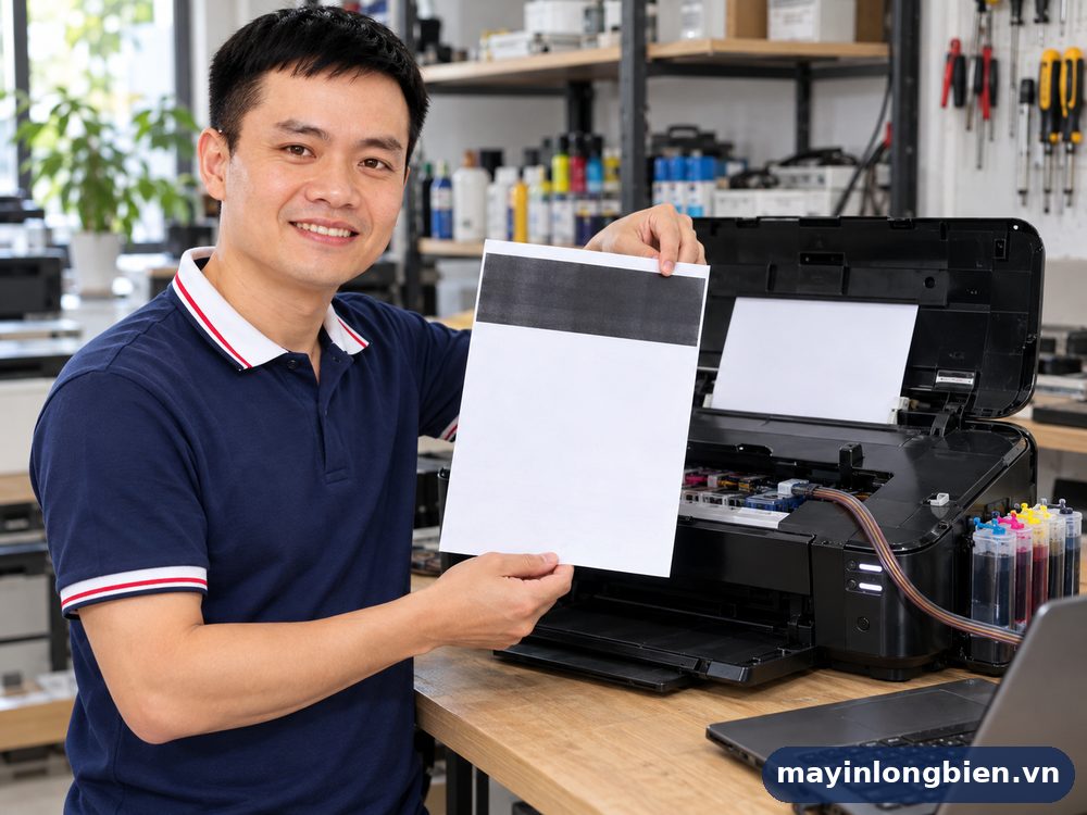 Kỹ thuật viên Thần Vũ kiểm tra bản in lỗi Canon iX6770
