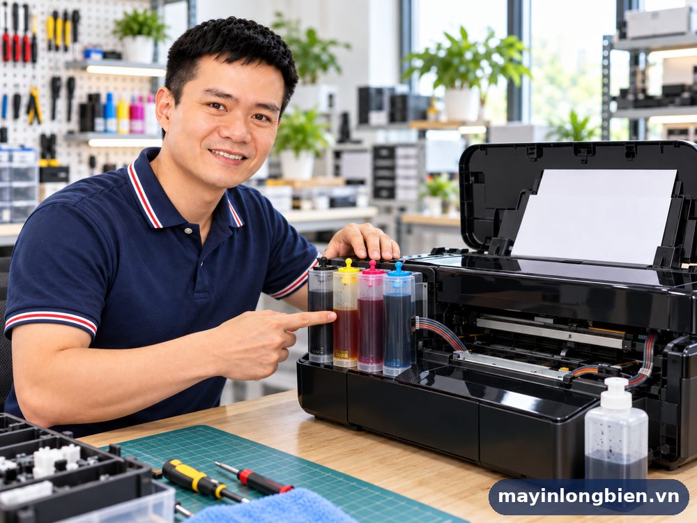 Kỹ thuật viên Thần Vũ kiểm tra bình mực ngoài Canon iX6770