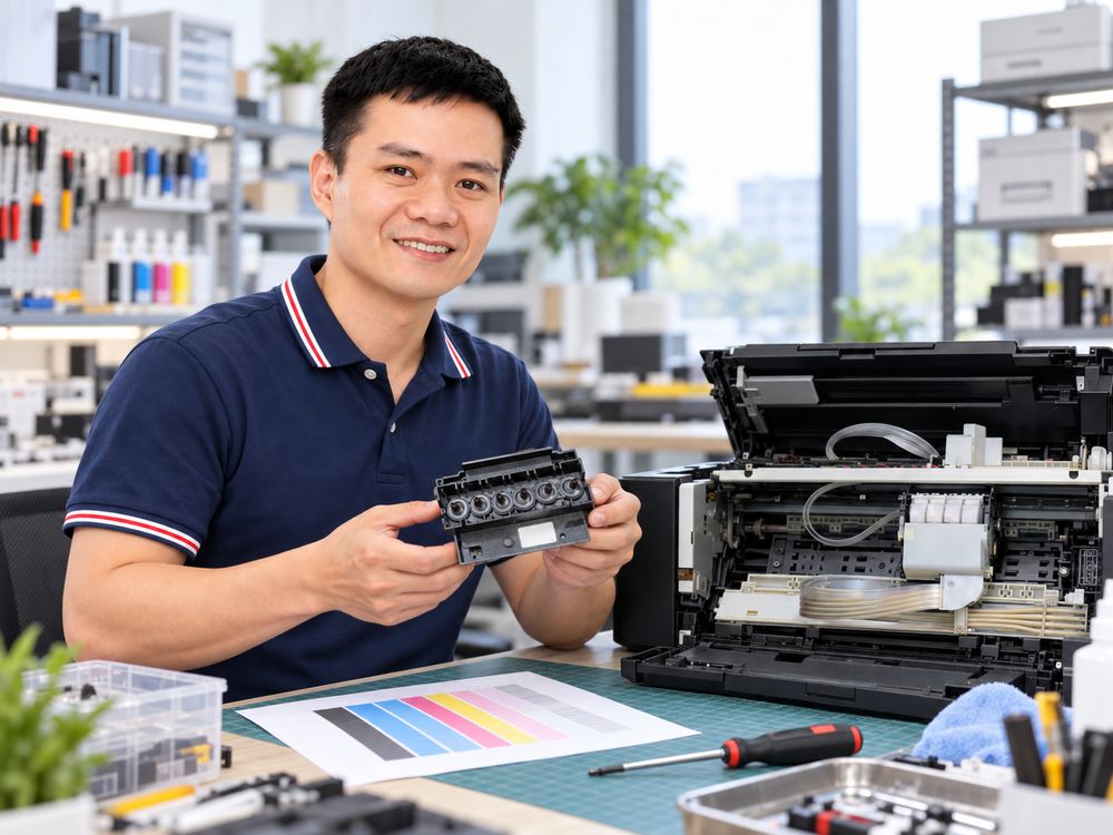 Kỹ thuật viên Thần Vũ kiểm tra đầu in máy in Epson