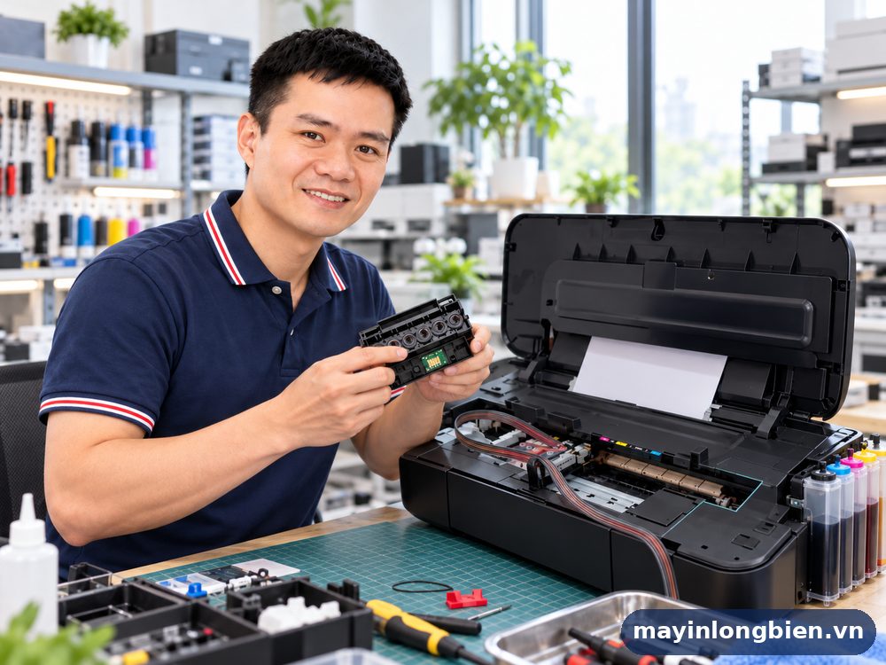 Kỹ thuật viên Thần Vũ kiểm tra hộp mực Canon iX6770