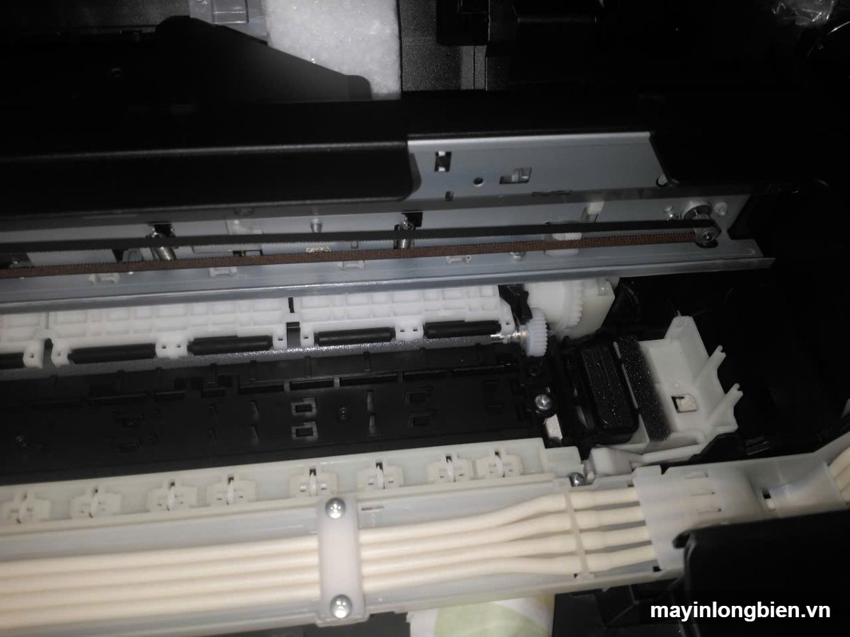 Bên trong máy in Epson L220 cũ: trục kéo giấy, dây curoa, cụm dây dẫn mực