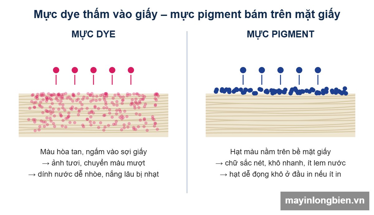 Mực dye thấm vào giấy, mực pigment bám trên bề mặt giấy