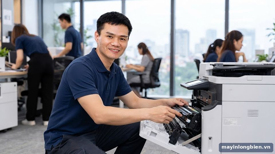 Kỹ thuật viên Thần Vũ kiểm tra hộp mực máy in laser tại văn phòng ở Hà Nội