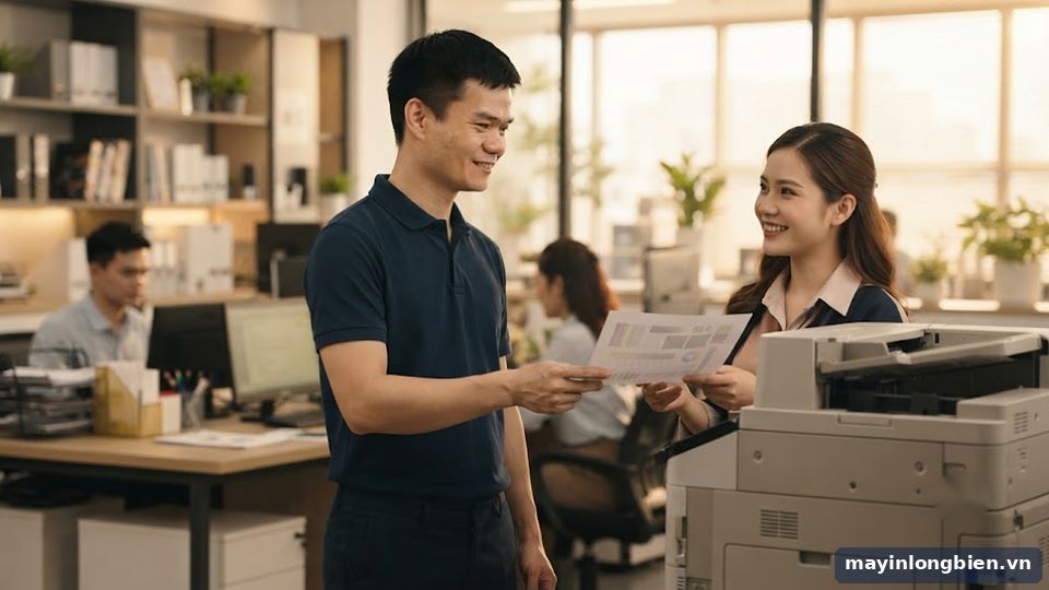 Kỹ thuật viên bàn giao trang in thử sau khi sửa máy in tại nhà