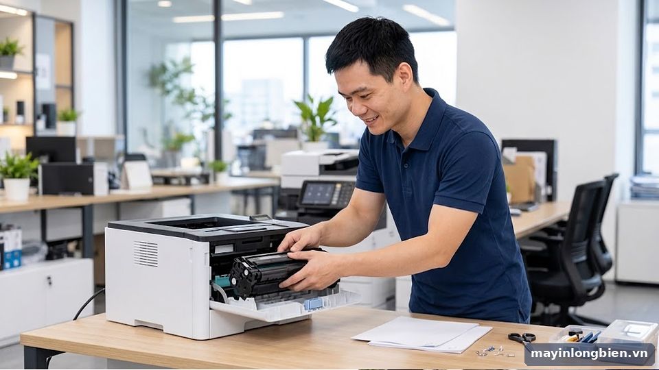 Lắp lại hộp mực máy in laser sau khi vệ sinh