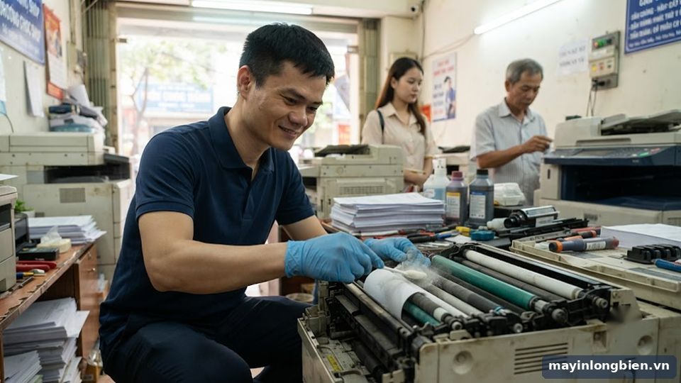 Vệ sinh lô kéo giấy máy in tại tiệm photo gần trường đại học Cầu Giấy