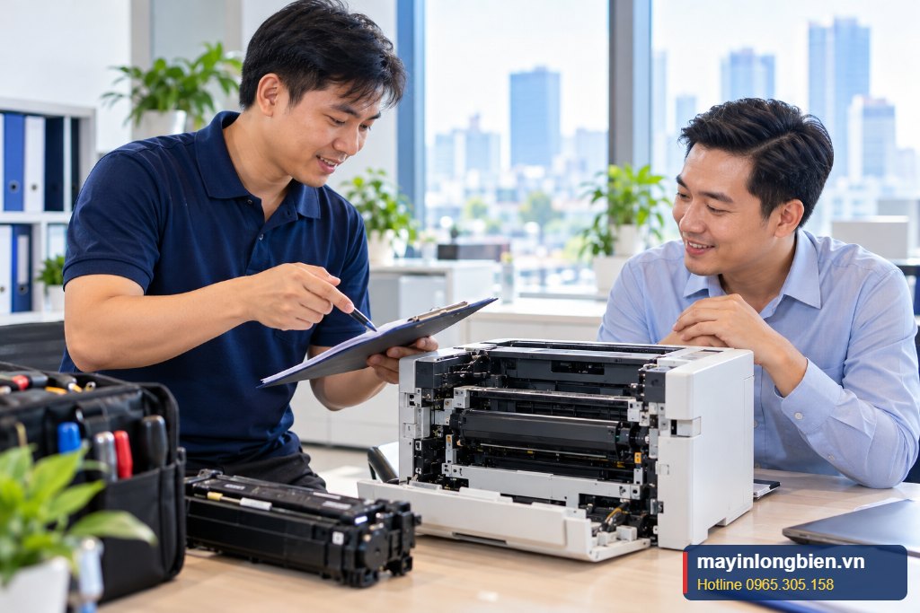 Kỹ thuật Thần Vũ giải thích lỗi và báo giá sửa máy in cho khách