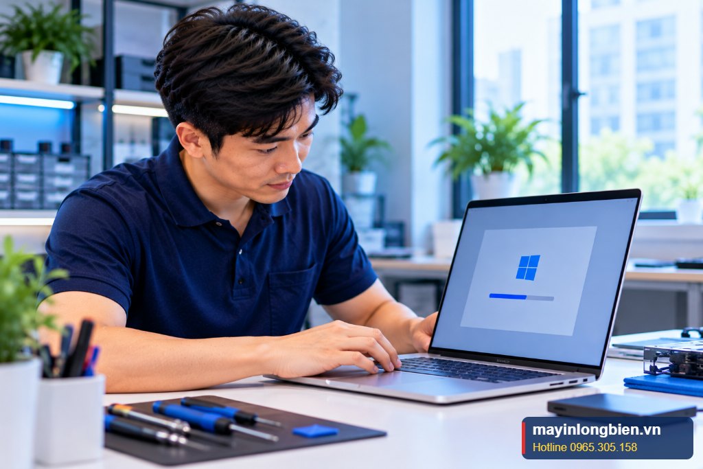 Kỹ thuật viên cài macOS cho laptop tại bàn làm việc của khách