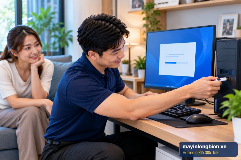 Kỹ thuật viên Thần Vũ cài Win tại nhà cho máy tính văn phòng ở Hà Nội