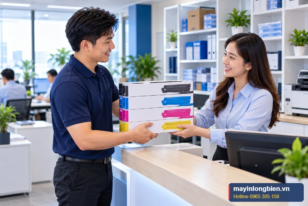 Kỹ thuật viên đổ mực hộp mực máy in laser khi cung cấp mực in cho công ty