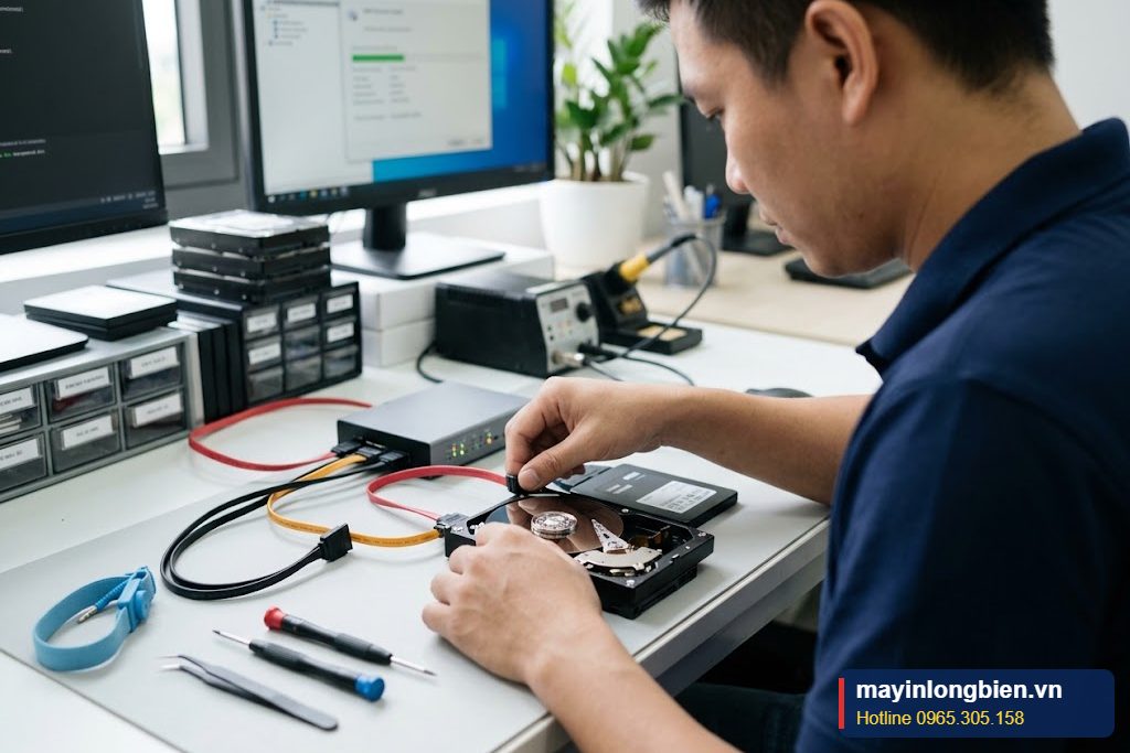Kỹ thuật viên Thần Vũ kiểm tra ổ cứng để cứu dữ liệu ổ cứng tại Hà Nội