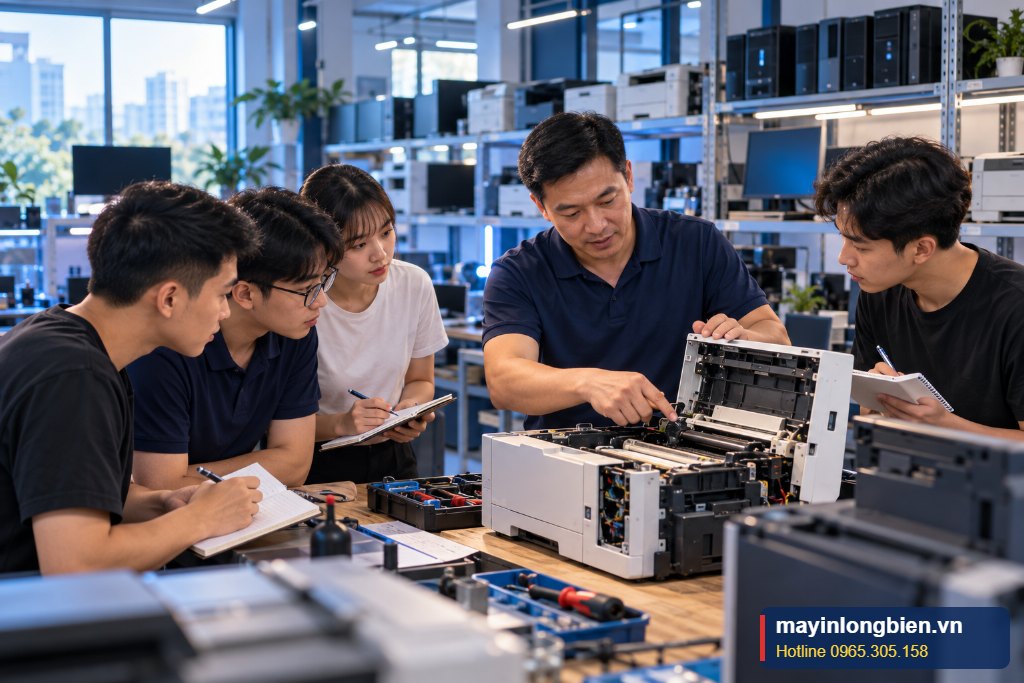 Lớp học nghề sửa máy in tại kho Thần Vũ Bắc Từ Liêm, học viên thực hành trên máy thật cùng thợ