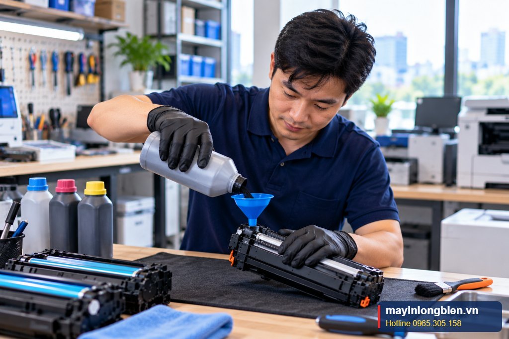 Kỹ thuật viên đổ mực máy in lấy ngay bằng dụng cụ chuyên dụng
