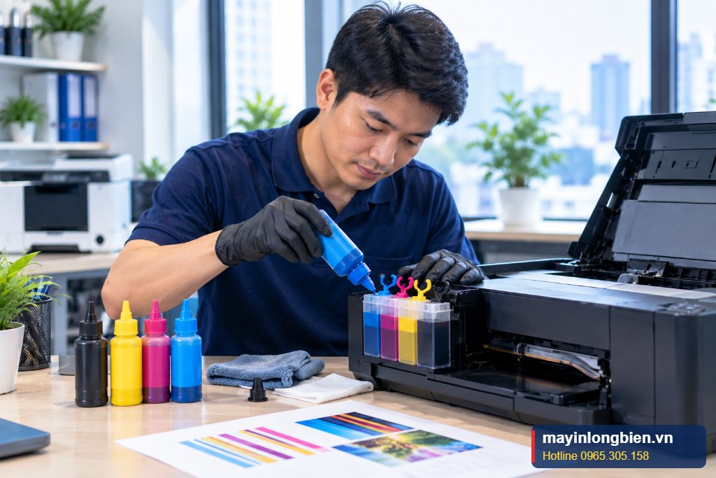 Kỹ thuật Thần Vũ bơm mực màu vào bình mực ngoài khi đổ mực máy in màu