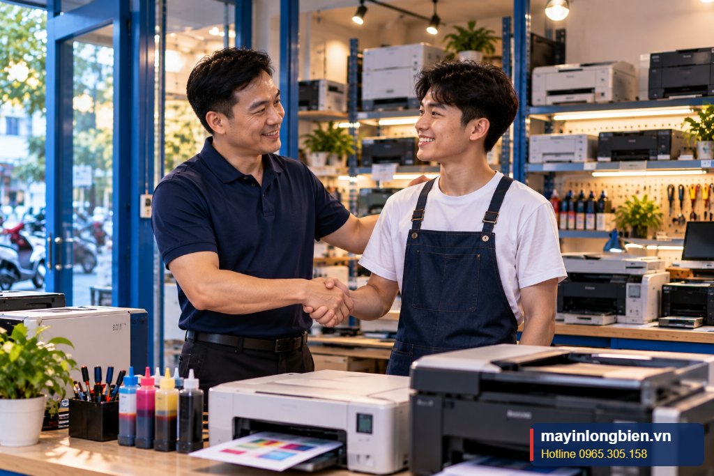Học viên học nghề sửa máy in, đổ mực tại kho Thần Vũ để chuẩn bị mở cửa hàng