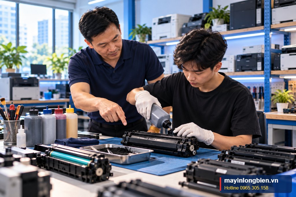 Học viên khóa đổ mực máy in thực hành nạp mực hộp laser cùng thợ tại kho Thần Vũ