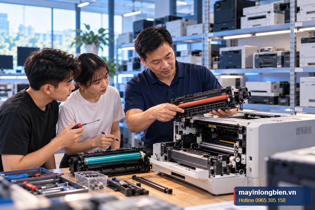Học viên khóa sửa máy in laser tháo cụm sấy cùng thợ tại kho Thần Vũ