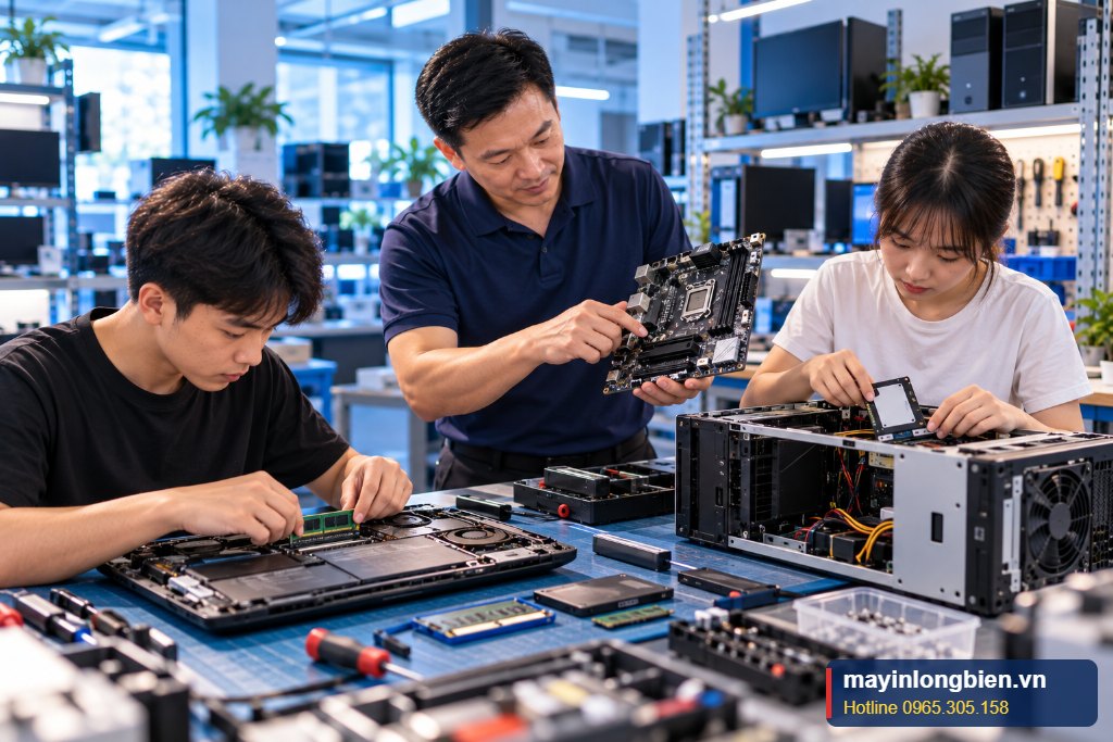 Học viên khóa học sửa máy tính, laptop thực hành tháo lắp máy tại kho Thần Vũ Bắc Từ Liêm