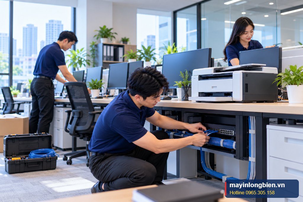 Văn phòng mới được lắp đặt máy tính và máy in đầy đủ
