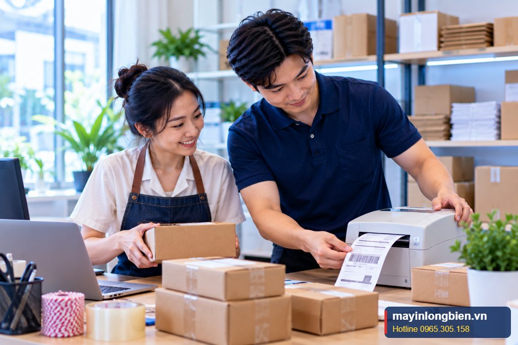 Khu đóng gói hàng của shop online cần máy in vận đơn nhanh, rõ