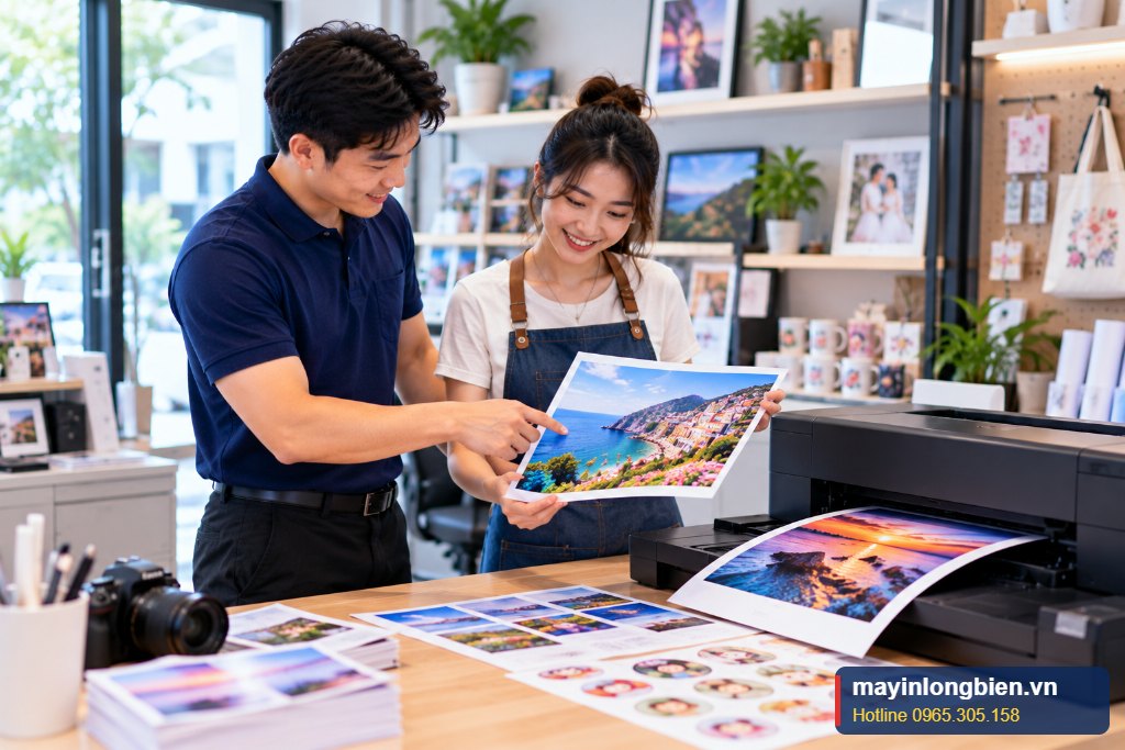 Máy in phun màu cũ đang in ảnh màu tại cửa hàng in ảnh