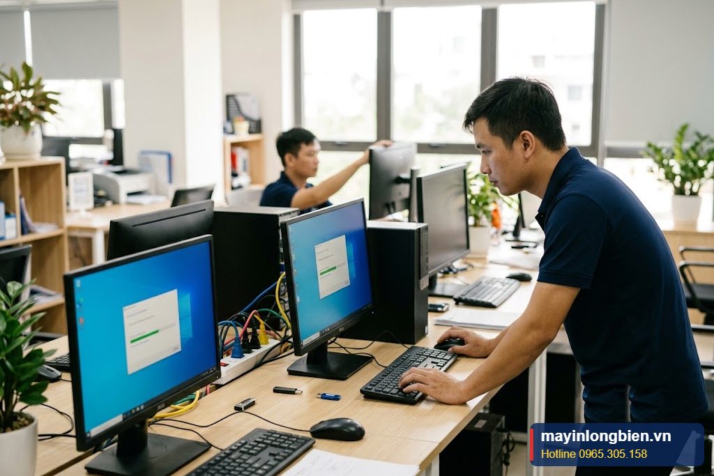 Bộ máy tính cũ văn phòng kèm màn hình đặt tại bàn làm việc