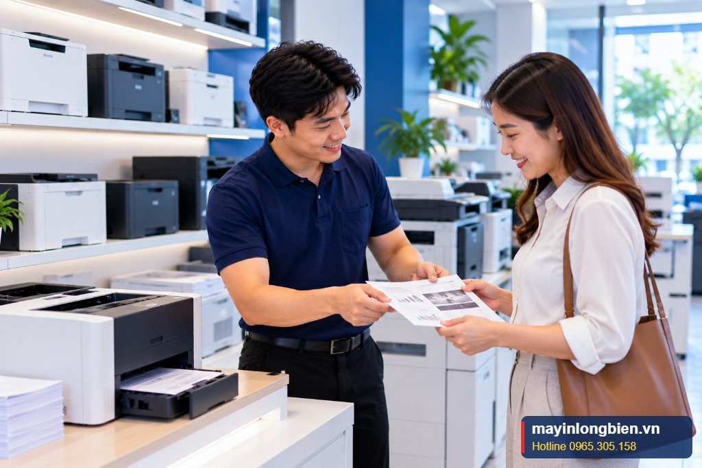 Máy in Brother cũ được lắp hộp mực, in thử trước khi giao khách tại Thần Vũ