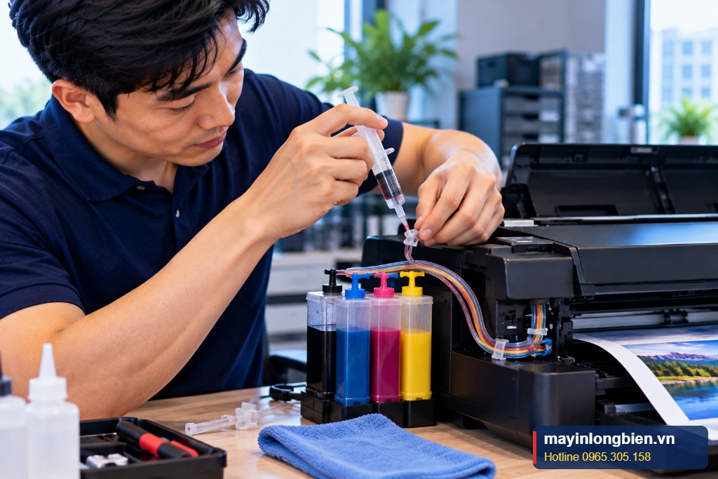 Kiểm tra cụm đầu in và ống dẫn mực khi sửa dẫn mực ngoài