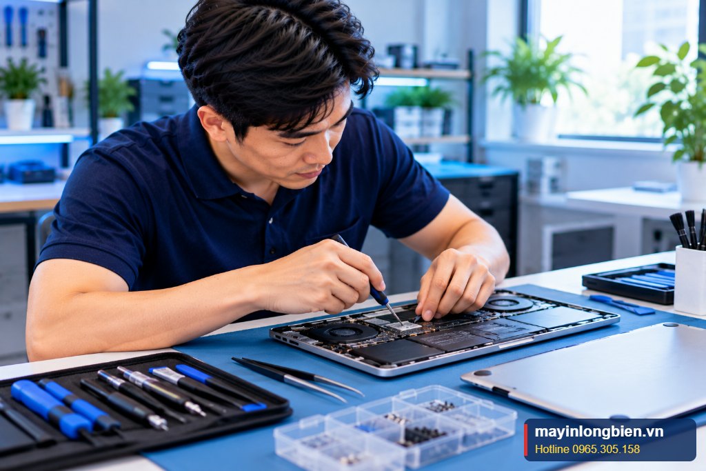 Kỹ thuật Thần Vũ kiểm tra cấu hình máy trước khi sửa MacBook tại Hà Nội