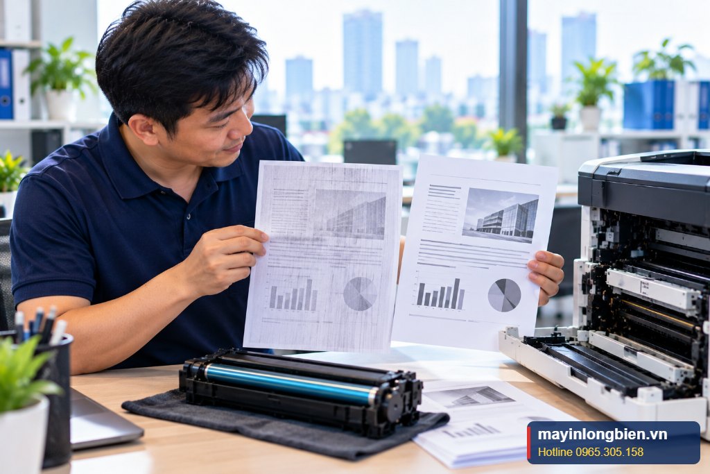 Bản in máy in bị sọc đen dọc do lỗi cụm trống và gạt mực