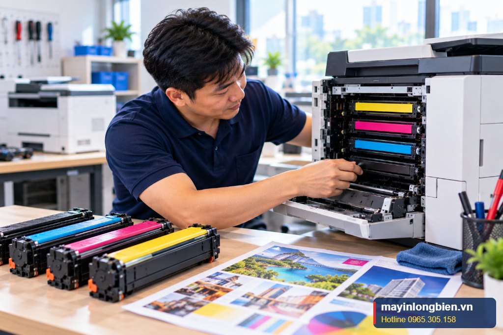 Kỹ thuật Thần Vũ sửa máy in laser màu HP, kiểm tra hộp mực tại xưởng