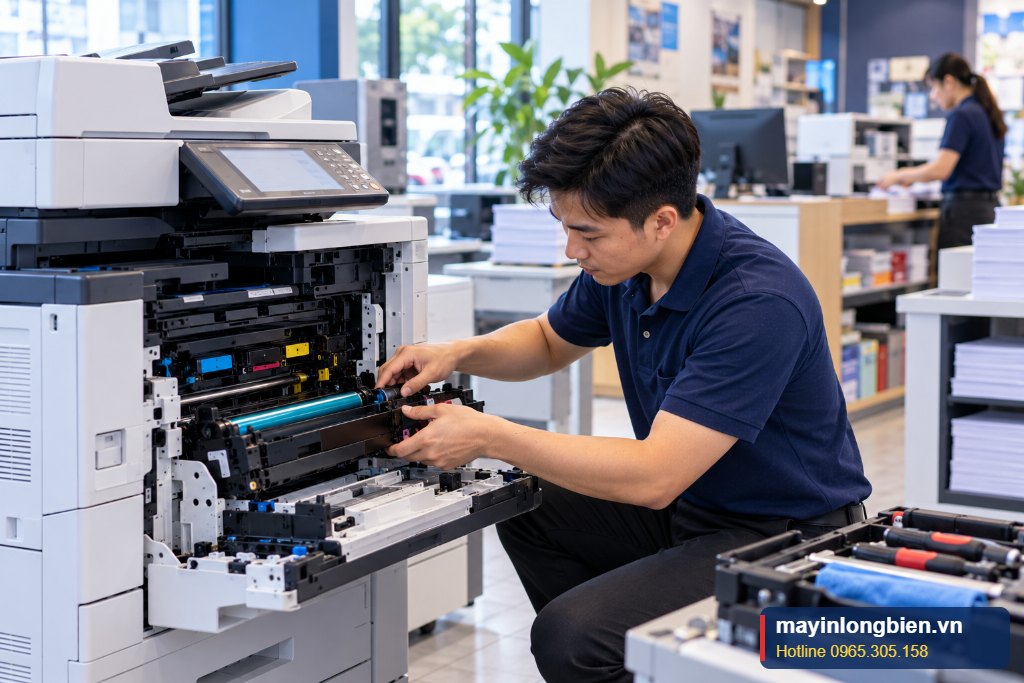 Máy photocopy văn phòng cần sửa tại Hà Nội, nhân viên đang sao chụp tài liệu