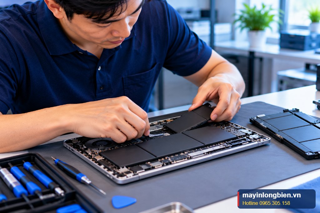 Kỹ thuật viên Thần Vũ thay pin MacBook tại xưởng ở Hà Nội