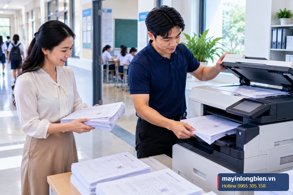 Phòng hành chính trường học với máy in và máy photocopy do Thần Vũ tư vấn