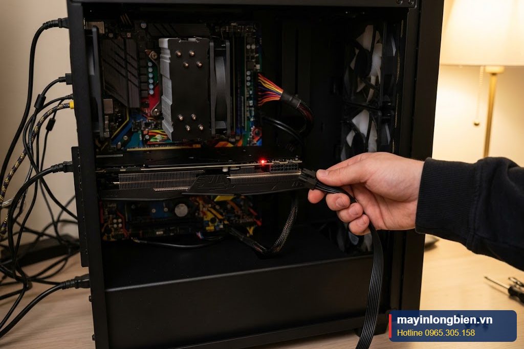Card đồ họa báo thiếu nguồn với đèn đỏ sáng cạnh đầu cắm PCIe Card đồ họa báo thiếu nguồn với đèn đỏ sáng cạnh đầu cắm PCIe
