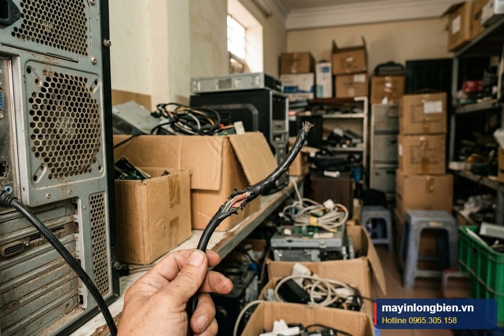 Dây nguồn máy tính bị chuột cắn hở lõi đồng phía sau case Dây nguồn máy tính bị chuột cắn hở lõi đồng phía sau case