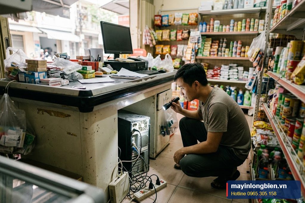 Kỹ thuật viên kiểm tra máy tính bán hàng tại quầy cửa hàng Kỹ thuật viên kiểm tra máy tính bán hàng tại quầy cửa hàng
