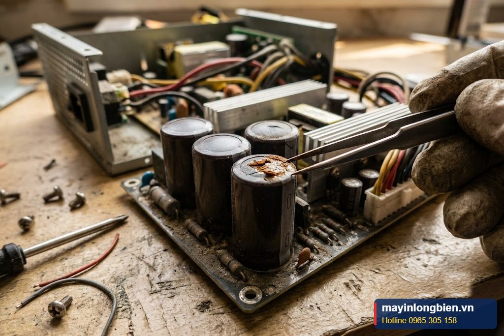 Cận cảnh nguồn máy tính bị phồng tụ trên bo mạch