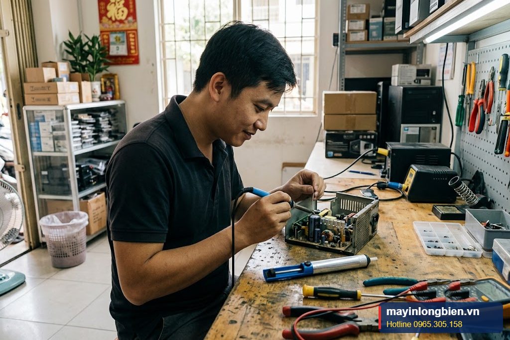 Kỹ thuật viên hàn thay tụ nguồn bị chảy tại xưởng