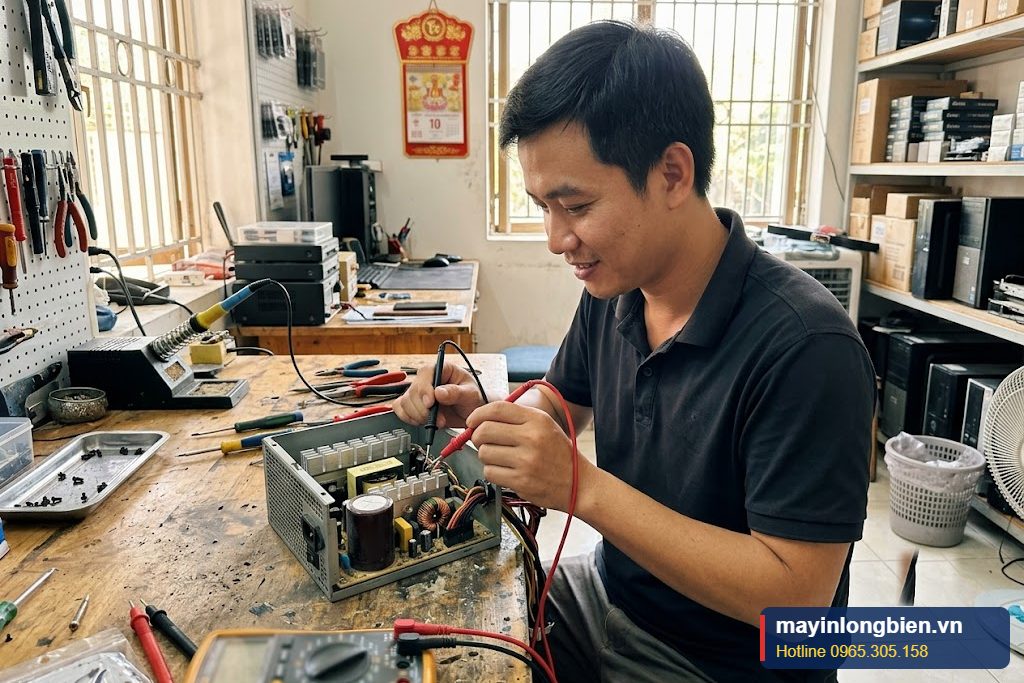 Kỹ thuật viên kiểm tra nguồn máy tính làm nhảy aptomat khi cắm điện Kỹ thuật viên kiểm tra nguồn máy tính làm nhảy aptomat khi cắm điện
