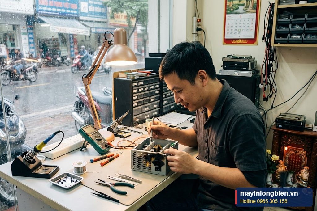 Kỹ thuật viên kiểm tra nguồn máy tính bị sét đánh sau mưa giông