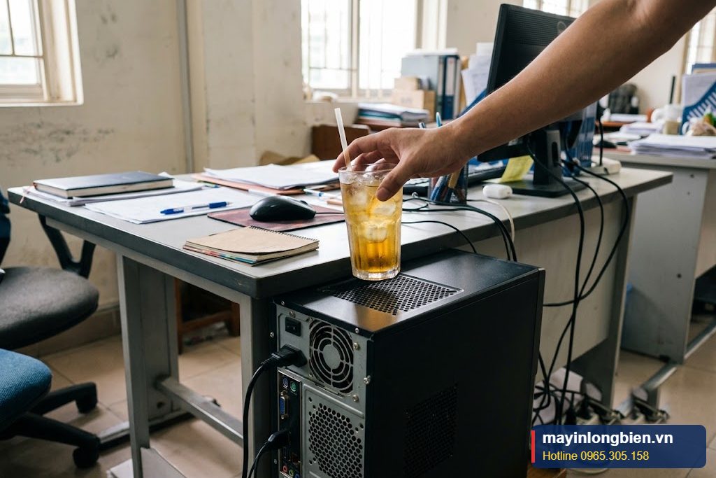 Cốc nước đặt sát case máy tính, nguy cơ nguồn bị ướt Cốc nước đặt sát case máy tính, nguy cơ nguồn bị ướt