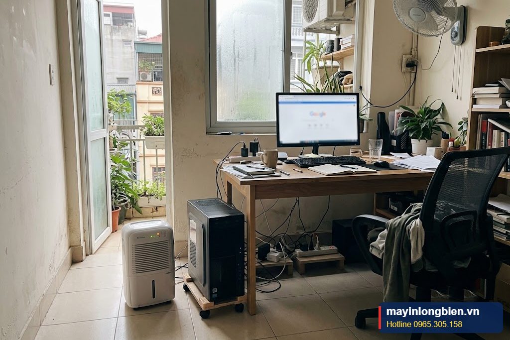 Máy tính văn phòng đặt cạnh máy hút ẩm mùa nồm Hà Nội Máy tính văn phòng đặt cạnh máy hút ẩm mùa nồm Hà Nội